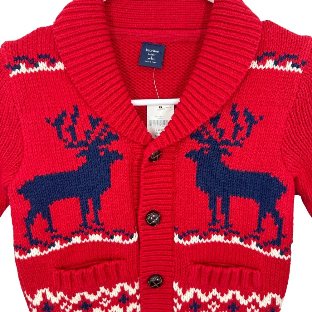 Baby Gap Toddler Boys Red Deer Cardigan Sweater Size 2 Years Holiday Fair Isle - Picture 2 of 9